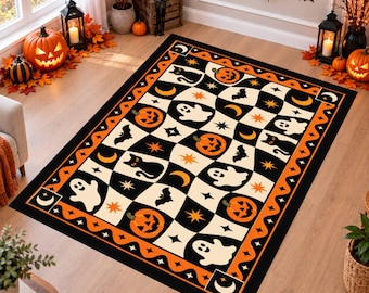 Halloween Rug, Ghost Pumpkin Area Rug, Black Cat Checkered Carpet, Washable Non Slip Rug, Spooky Halloween Decor, Gothic Fall Home Decor