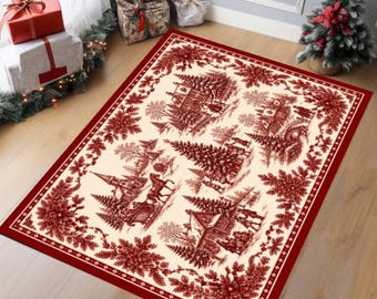 Vintage Red Toile Christmas Village Rug, Victorian Holiday Decor, Washable Non-Slip Carpet