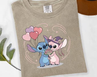 Stitch & Angel Valentine Shirt, Cute Valentine Tee, Disney Gift,  Love Heart Tee