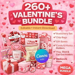 以下が含まれることがあります： バレンタインデーのバンドルで、文房具、チップバッグ、ギフトボックスなど260以上のアイテムが含まれています。画像には、ピンクと赤のハートをテーマにしたさまざまなデザインが使用されています。