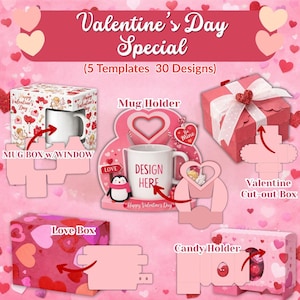 Puede incluir: Gráfico especial del Día de San Valentín con plantillas para tazas, cajas y soportes. Incluye una caja para tazas con ventana, un soporte para tazas, una caja recortada de San Valentín, una caja de amor y un soporte para caramelos. El texto "Especial Día de San Valentín" está en la parte superior.