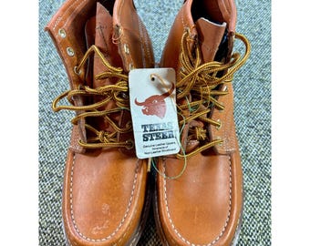 Vintage Texas Steer Leather Moc Toe Work Boots Tan Lace Up Unisex New Old Stock