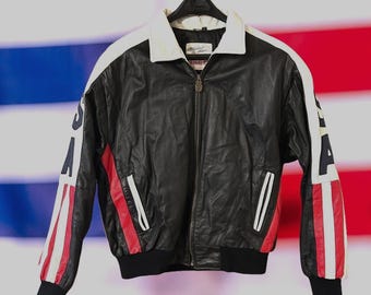 Vintage Michael Hoban WhereMI USA Flag Leather Jacket Large