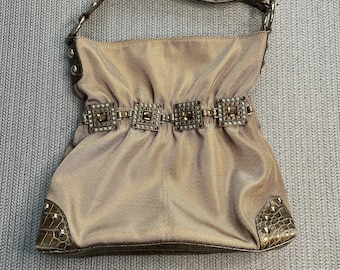 Y2K Kathy Van Zeeland Metallic Bronze Handbag Studded Rhinestone Satchel