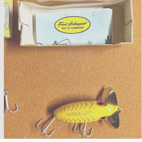 1970s Arbogast Fishing Lure Set Yellow Jitterbug & Hustler W