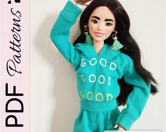 Barbie Doll Casual Outfit Sewing Pattern – Hoodie + Joggers, Printable PDF (Standard Body)