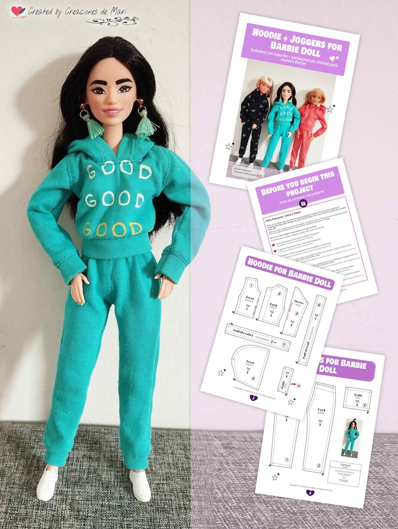 K&ouml;nnte beinhalten: Eine Barbie-Puppe tr&auml;gt einen teal-farbenen Hoodie und Jogginghose mit dem Wort "GOOD" auf der Vorderseite. Das Bild enth&auml;lt gedruckte Schnittmuster und Anleitungen f&uuml;r das Outfit. Der Text "HOODIE + JOGGERS FOR BARBIE DOLL" ist sichtbar.