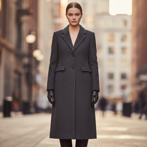 May include: A charcoal gray, knee-length coat with a notched collar and two-button closure. The coat features two front pockets and is worn with black leather gloves. The woman is standing in a city street.