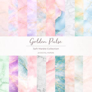 Può includere: Una collezione di 20 carte digitali con un design in morbido marmo. Le carte presentano una varietà di colori, tra cui rosa, blu, viola e verde, con accenti dorati. Il testo "Golden Pulse" e "Soft Marble Collection" è visualizzato.