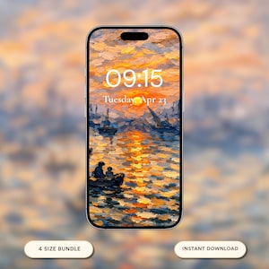 May include: Smartphone displaying a digital painting of a sunset over water, with boats and figures in a boat. The time 09:15 and the date Tuesday Apr 23 are displayed on the screen. The phone is surrounded by a blurred background.