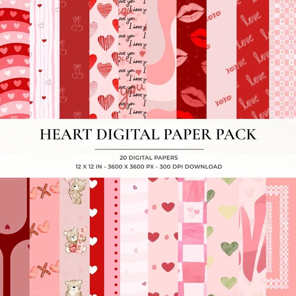 Heart Digital Paper Pack, Pink Red Heart Patterns, Valentine’s Backgrounds, 20 Designs, Instant Download