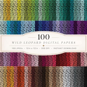 May include: A collection of 100 digital papers featuring wild leopard patterns in various colors, including yellow, green, blue, purple, pink, and red. Each paper measures 12 x 12 inches and is available for instant download.