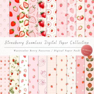 Könnte beinhalten: Eine Sammlung digitaler Papiere mit verschiedenen Erdbeermustern in Rosa-, Rot- und Weißtönen. Die Designs umfassen Aquarellillustrationen, Strichzeichnungen, Vichy-Karos und florale Motive. Der Text lautet Strawberry Seamless Digital Paper Collection und Watercolor Berry Patterns / Digital Paper Pack.