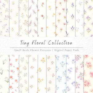 May include: A digital paper pack titled Tiny Floral Collection featuring small scale flower patterns. The collection displays various watercolour-style botanical designs with delicate blossoms in shades of pink, yellow, blue, and purple on light backgrounds.