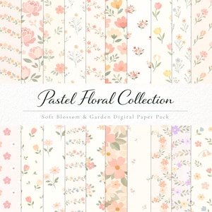 Puede incluir: Un paquete de papel digital titulado Pastel Floral Collection Soft Blossom & Garden Digital Paper Pack, que presenta veinte paneles verticales con varios patrones repetitivos de pequeñas flores, hojas y tallos en tonos pastel rosa, amarillo y verde.