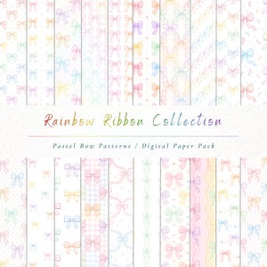 May include: A digital paper pack titled Rainbow Ribbon Collection featuring various pastel bow patterns. The collection includes multiple vertical strips displaying bows in shades of pink, blue, yellow, and purple arranged in dots, stripes, and wavy lines.