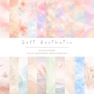 Könnte beinhalten: Eine Sammlung von 20 digitalen Papieren mit weichen Aquarelltexturen, Blumenillustrationen, Schmetterlingen, Mondsicheln und abstrakten Mustern in Pastelltönen wie Rosa, Blau, Pfirsich und Grün, beschriftet mit Soft Aesthetic 30,48 x 30,48 cm.