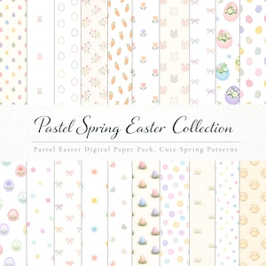 Peut inclure: Un pack de papier numérique intitulé Pastel Spring Easter Collection présentant divers motifs incluant des œufs de Pâques pastel, lapins, carottes, tulipes, nœuds, fleurs, soleils, herbe et poussins dans des tons doux sur fonds blancs et crème.