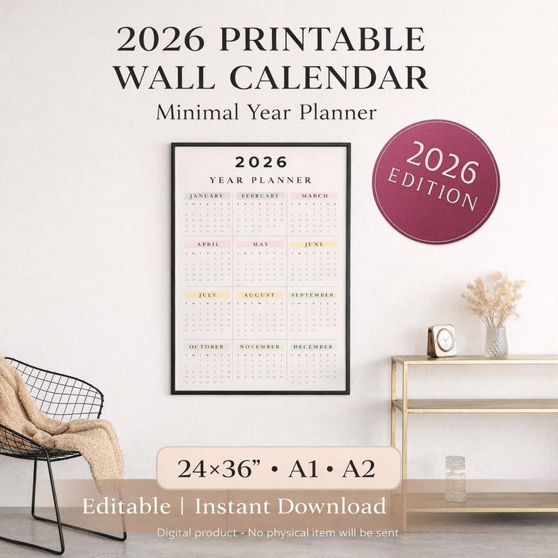 2026 Year at a Glance Wall Calendar Printable | Minimal Structured ...