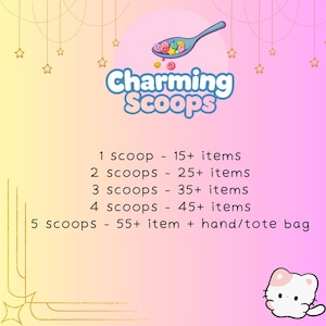 Op de afbeelding: Promotionele afbeelding voor "Charming Scoops" met een blauw logo en een lepel vol lachende gezichten. De tekst geeft het aantal items per "scoop" weer, beginnend bij 15+ en toenemend met elke "scoop", tot 55+ met een draagtas.
