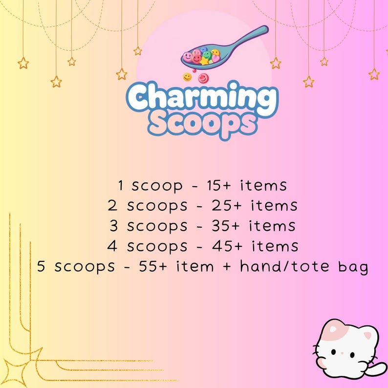 Op de afbeelding: Promotionele afbeelding voor "Charming Scoops" met een blauw logo en een lepel vol lachende gezichten. De tekst geeft het aantal items per "scoop" weer, beginnend bij 15+ en toenemend met elke "scoop", tot 55+ met een draagtas.