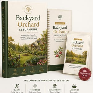 Op de afbeelding: Een verzameling boeken en kaarten getiteld "Backyard Orchard Setup Guide". Het hoofdboek is groen en wit, met de titel in grote letters. De afbeelding toont een stapsgewijs systeem voor het plannen, planten en kweken van een productieve boomgaard thuis.