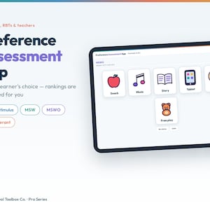 May include: A digital tablet displaying the Preference Assessment App interface with icons for snack, music, story, tablet, art, and free play. The screen includes text labels for assessment types like Paired stimulus, MSW, MSWO, and Free operant.