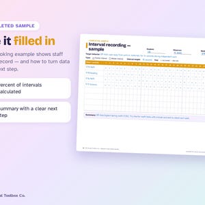 K&ouml;nnte beinhalten: Ein wei&szlig;es Dokument mit dem Titel Interval recording - sample mit Feldern f&uuml;r Sch&uuml;ler, Beobachter und Woche. Es enth&auml;lt ein Raster zur Verfolgung von Verhalten &uuml;ber Intervalle hinweg, einschlie&szlig;lich Spalten f&uuml;r Datum, Aktivit&auml;t und Prozentberechnungen.