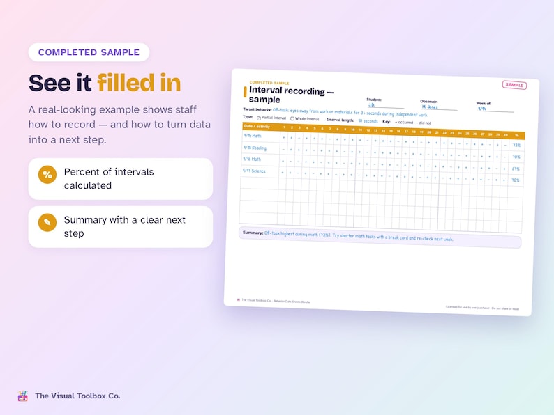 K&ouml;nnte beinhalten: Ein wei&szlig;es Dokument mit dem Titel Interval recording - sample mit Feldern f&uuml;r Sch&uuml;ler, Beobachter und Woche. Es enth&auml;lt ein Raster zur Verfolgung von Verhalten &uuml;ber Intervalle hinweg, einschlie&szlig;lich Spalten f&uuml;r Datum, Aktivit&auml;t und Prozentberechnungen.