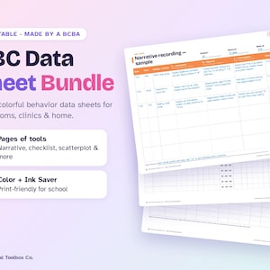 Puede incluir: Un paquete de hojas de datos ABC con formularios de seguimiento de comportamiento imprimibles. El texto dice ABC Data Sheet Bundle, 8 Pages of tools y Color + Ink Saver. Los documentos incluyen una muestra de registro narrativo con columnas para fecha, hora, entorno, antecedente, comportamiento y consecuencia.