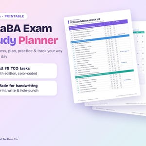 May include: A printable BCaBA exam study planner featuring a TCO confidence check checklist with 90 tasks. The document includes color-coded sections, checkboxes for tracking progress, and space for handwriting notes on white paper sheets.