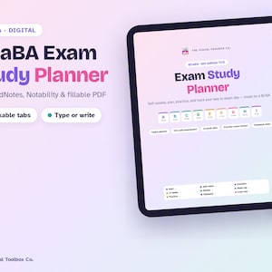 May include: A digital BCaBA Exam Study Planner displayed on a tablet screen with a white stylus. The interface features clickable tabs, a 12-week plan, practice exam trackers, and self-assessment tools compatible with GoodNotes and Notability.