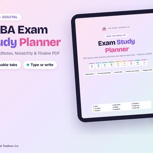 May include: A digital BCBA Exam Study Planner displayed on a tablet screen with a stylus. The interface features clickable tabs, a 12-week plan, practice exam tracker, and self-assessment tools. Text includes BCBA Exam Study Planner, For GoodNotes, Notability & fillable PDF, Clickable tabs, Type or write, and The Visual Toolbox Co.