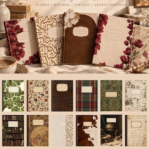 Könnte beinhalten: Eine Sammlung digitaler Notizbuch-Cover mit verschiedenen Designs, darunter Blumenmuster, arabische Kalligrafie, Texturen und Vintage-Illustrationen. Jedes Cover enthält ein rechteckiges Etikettenfeld für Text.