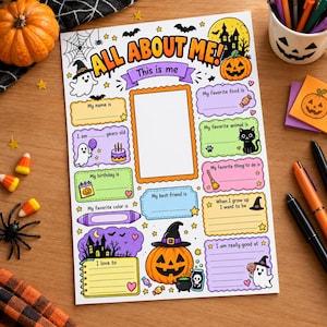 Può includere: Una scheda di attività All About Me a tema Halloween con illustrazioni colorate di fantasmi, zucche, una casa stregata e pipistrelli. La pagina include spazi vuoti per scrivere dettagli personali e il testo My name is.