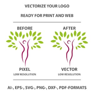 Puede incluir: Un gráfico comparativo que muestra un logotipo antes y después de la vectorización. El logotipo presenta una figura humana estilizada de color púrpura con hojas verdes formando una copa de árbol. El texto incluye VECTORIZE YOUR LOGO, READY FOR PRINT AND WEB, BEFORE, AFTER, PIXEL, VECTOR y AI-, EPS-, SVG-, PNG-, DXF-, PDF-FORMATS.