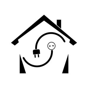 May include: A black and white graphic icon featuring the silhouette of a house outline. Inside the house shape, there is a stylized design of an electrical plug and a corresponding two-hole electrical outlet connected by curved lines.