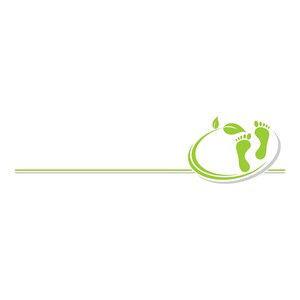 May include: A graphic design featuring two light green human footprints positioned inside a circular frame with two small leaves at the top. A thin horizontal light green line extends from the left side of the circle across the image.
