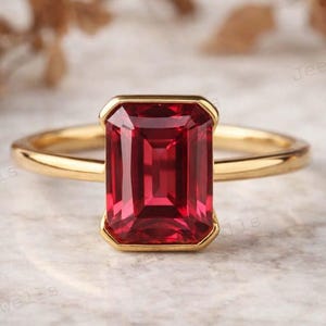 Emerald Cut Ruby Engagement Ring Minimalist Stackable Jewelry Single Stone Proposal Ring 14k Solid Yellow Gold Solitaire Ring Gift for Women