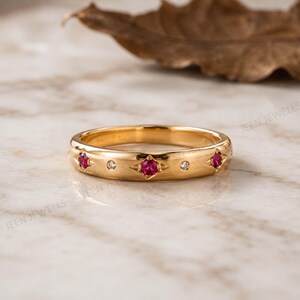 Vintage Starburst Ruby Wedding Band Gold Star Set Diamond Ring Victorian Gypsy Stacking Band July Birthstone Anniversary Gift
