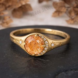Sunstone & Moissanite Engagement Ring, Moon Crescent Moissanite Wedding Ring, Sunstone Moon And Star Signet Ring, Minimalist Summer Gift