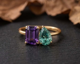 Emerald Cut Amethyst & Pear Cut Teal Sapphire Toi Et Moi Ring, Two Stone Engagement Ring, Amethyst Promise Ring, Teal Sapphire Proposal Ring