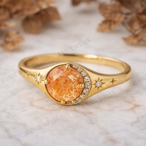 Sunstone & Moissanite Engagement Ring, Moon Crescent Moissanite Wedding Ring, Sunstone Moon And Star Signet Ring, Minimalist Summer Gift