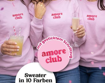 Amore Club, Cozy Sweatshirt, Embroidered Pink Lettering, Group Outfit for Hen Parties, Festivals, Parent/Child Partner Outfit, Unisex Sweater