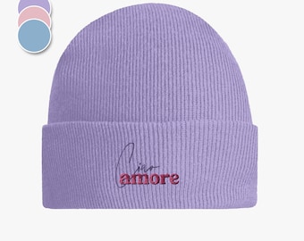 Pastel knitted beanie "Ciao Amore", warm hat with high-quality embroidered lettering, Italo lover, gift for Italy lovers, dolce vita