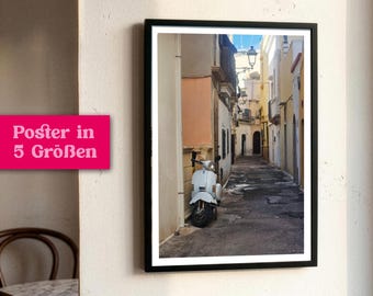Vintage retro Vespa poster in an Italian alley, wall decoration for Italo lovers, city photography, gift for Italy fans, dolce vita