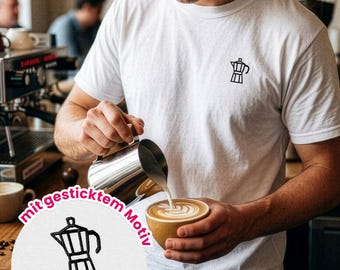 T-shirt with espresso embroidery, espresso pot, Italian motif, gift for espresso lovers, Italian style, dolce vita, embroidered shirt