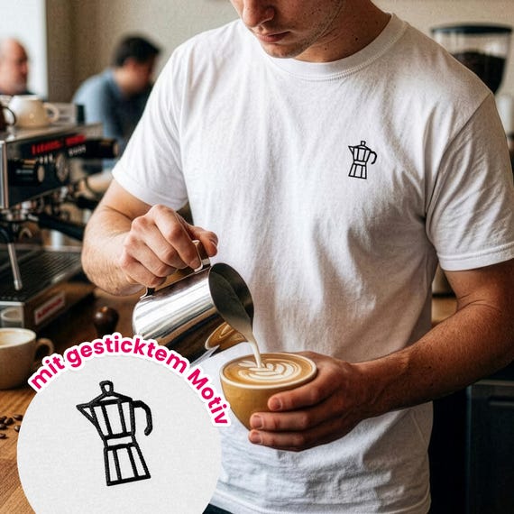 T-Shirt Espresso Stickerei, Espresso Kanne, italienisches Motiv, Geschenk Espresso Liebhaber, italian style, dolce vita, embroidered Shirt