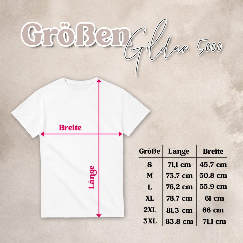 May include: A white t-shirt with a size chart labeled Gildan 5000. The chart displays measurements in centimeters for sizes S through 3XL, including length and width. Red arrows on the shirt indicate the points of measurement for length and width.