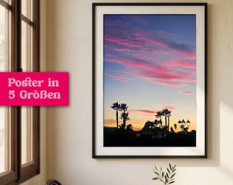 Romantic sunset poster with palm trees, wall decoration for travelers, gift for travelers, housewarming gift, dolce vita, pink sky